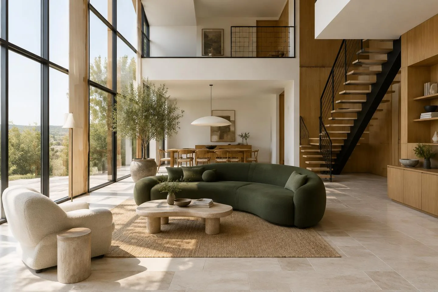 Rowan & Slate concept: renovated double-height living room with green sofa, oak joinery and limestone floor