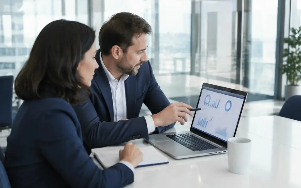 Sample photo: consultants reviewing charts