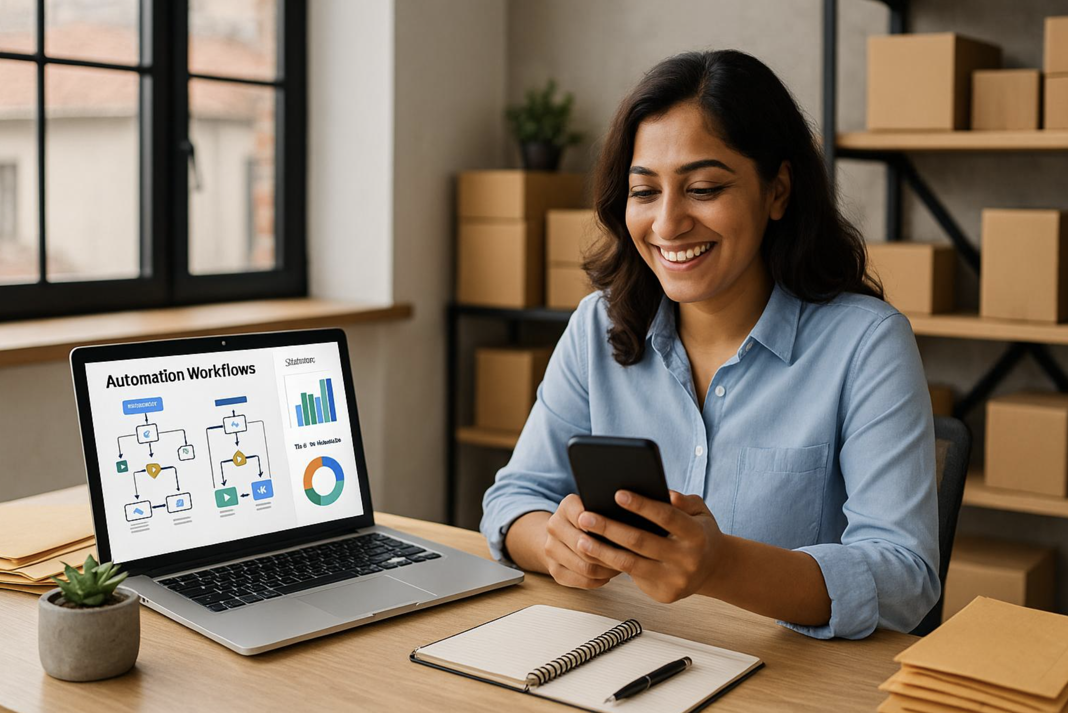 Small business owner reviewing an AI automation workflow on a laptop