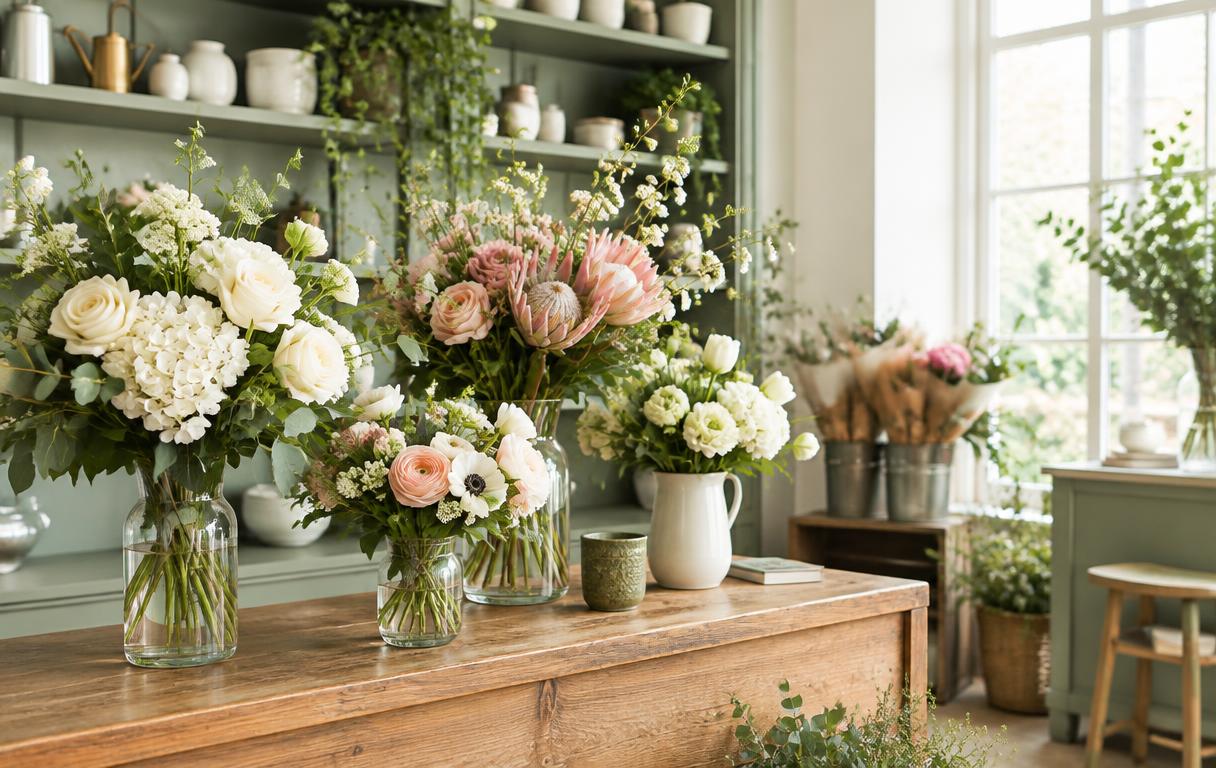 Fresh bouquets in the Petalwright concept florist studio