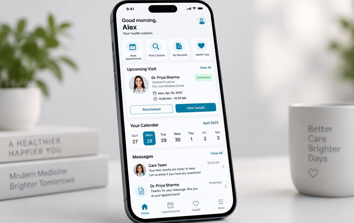 Upcoming visit and calendar in the Care Appointment App Concept concept app