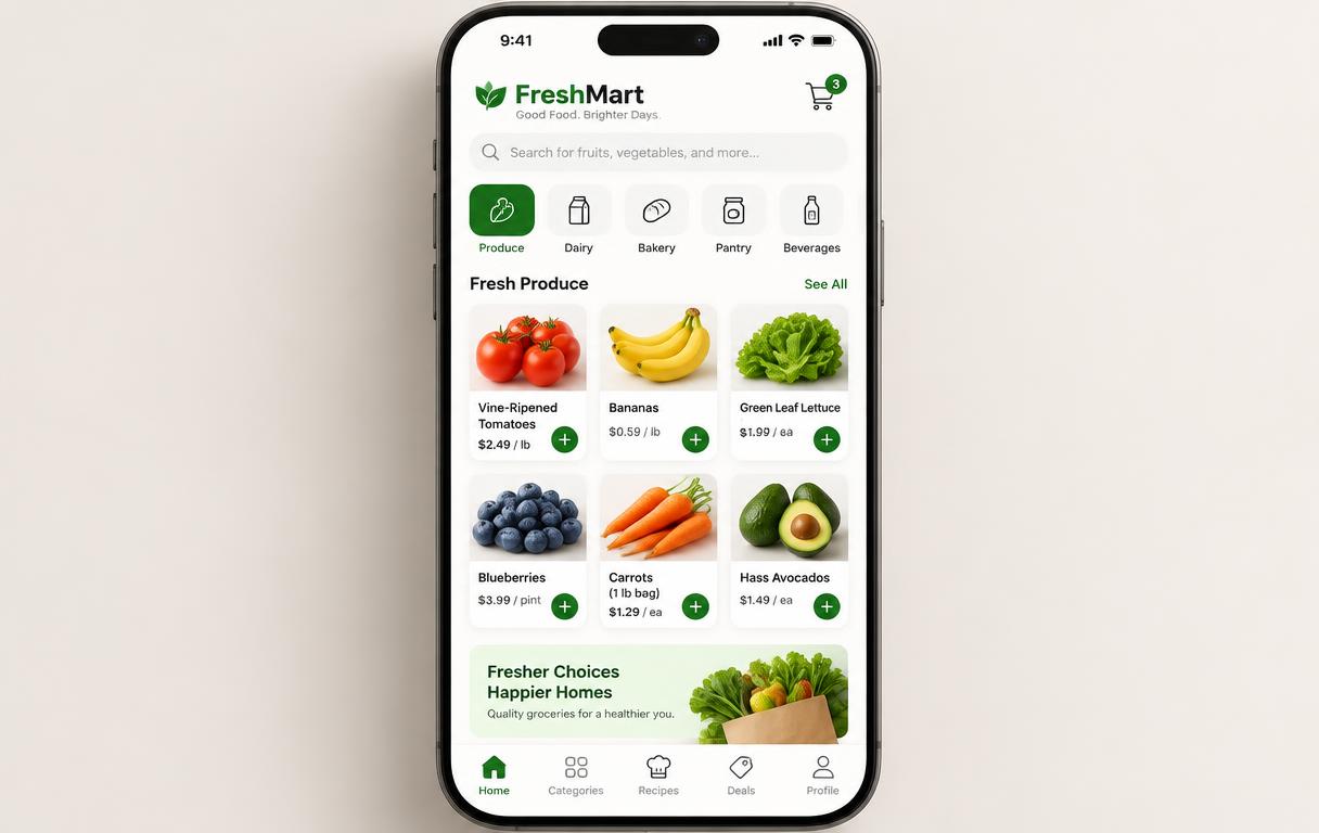Product grid and basket in the Marketmews concept app