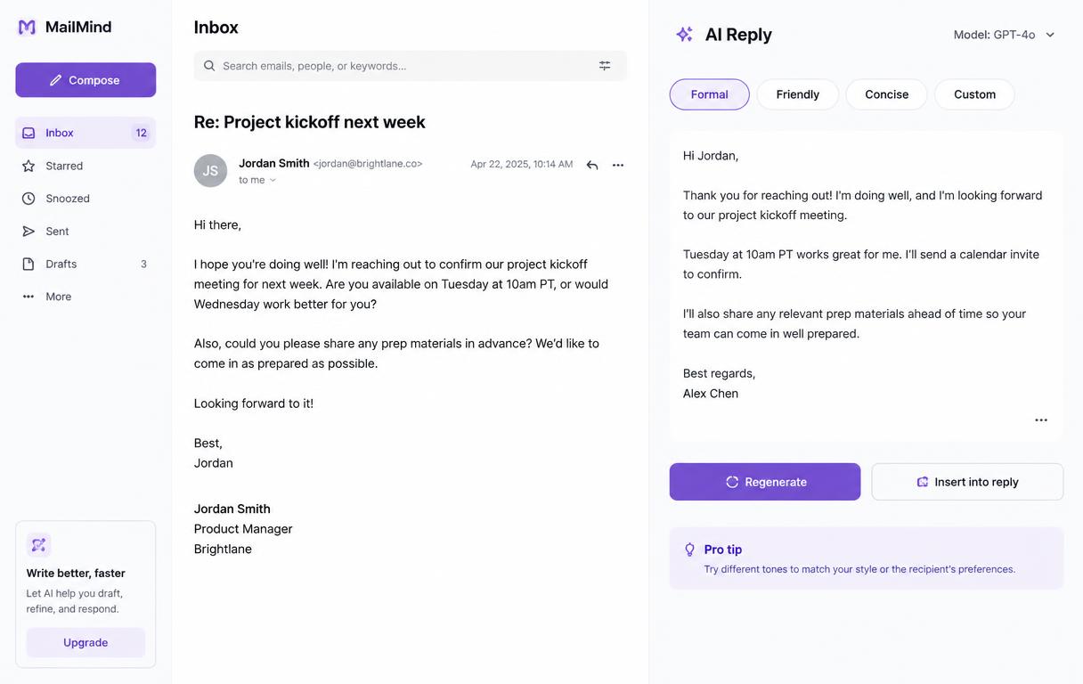 Suggested reply draft in the Draftdove concept assistant